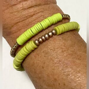 Green Gold Clay Heishi Disc Beaded Bracelet Set Boho Y2K Essential Preppy Spring